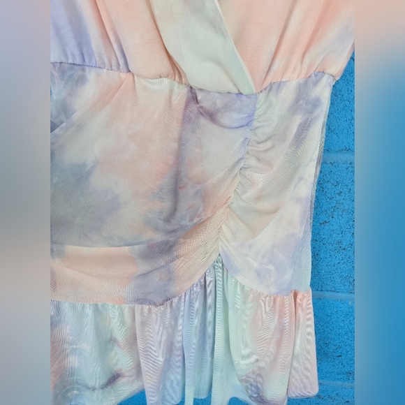 AQUA WOMEN'S Pastel Tie-Dye Wrap Dress STRETCH V NECK RUCHED Sz S - Picture 3 of 6